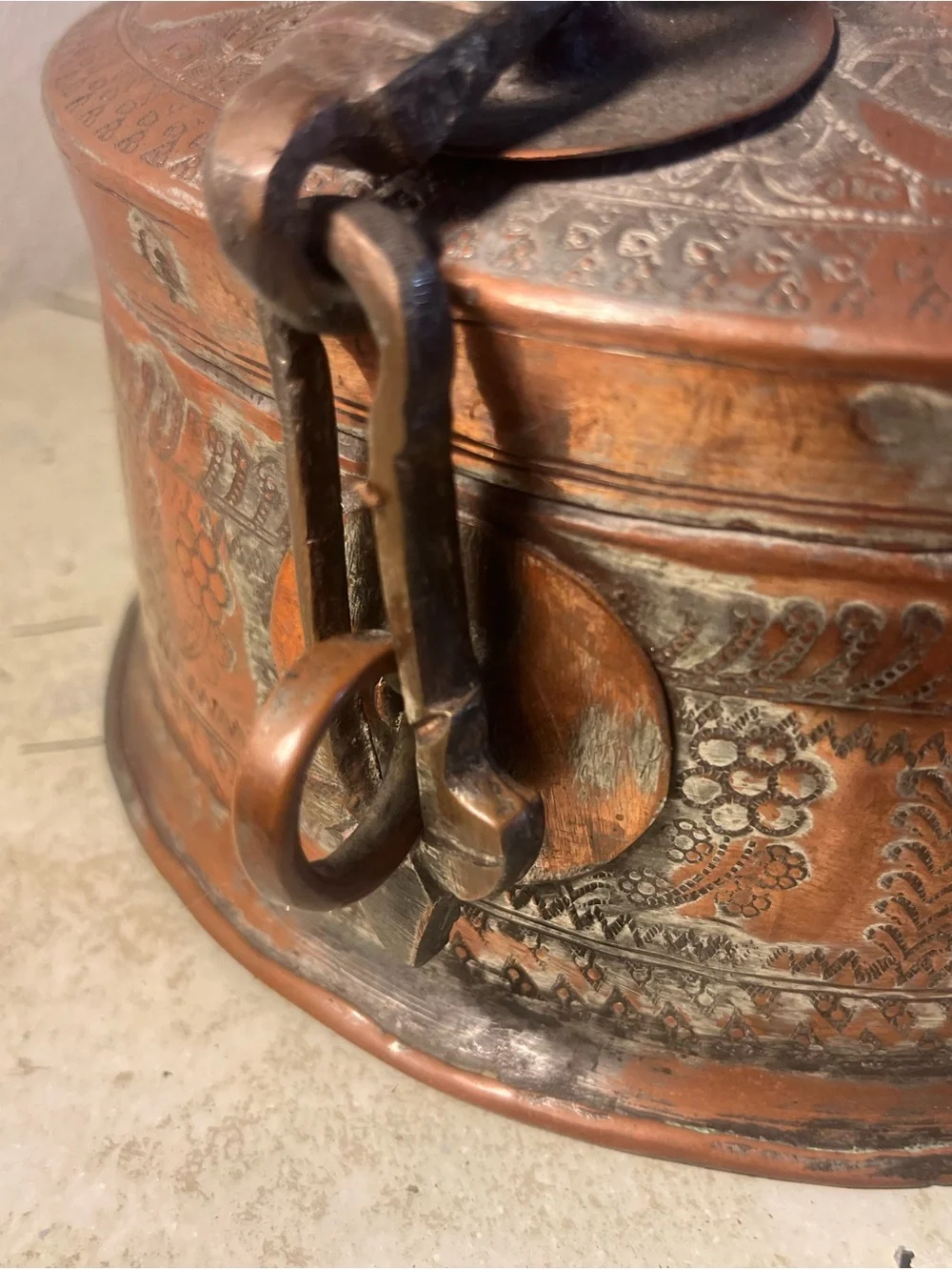 Antique Copper Hand Etched Hammered Indian Chapati Box